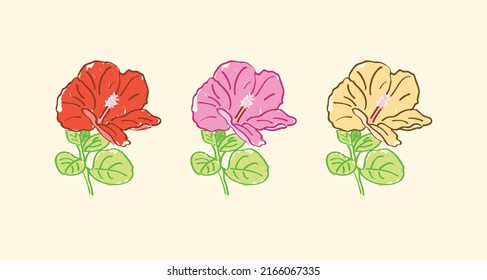 Cute simple four colors of Hibiscus flower in cartoonish flat doodle illustration art design