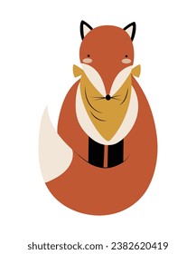 Cute simple fox in a bib, childish hand drawn isolated vector illustration