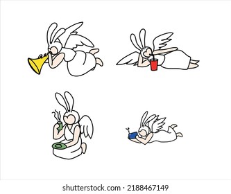 cute simple funny cartoon angel having fun playing cellphone, relaxing, drink cola, drinking tea and playing trumpet.