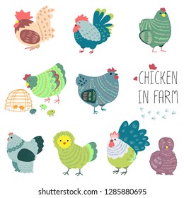 Cute simple graphic character of chicken in farm