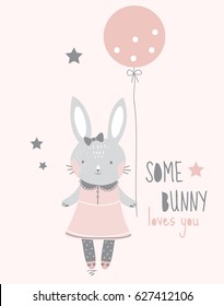 Cute simple gray smiling stylish girl bunny in a pink dress with lace, pantyhose with polka dots and with a bow on her head  is holding a pink balloon, text "some bunny loves you", vector illustration