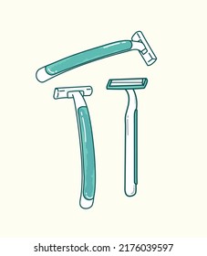 Cute simple green disposable razor with different angle in vector flat illustration art design