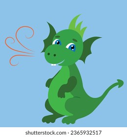 Cute simple green dragon on a blue background, flat vector, symbol of the year