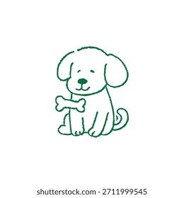 Una linda y simple ilustración de arte de línea verde de un perro feliz sentado y sosteniendo un hueso sobre un fondo blanco.