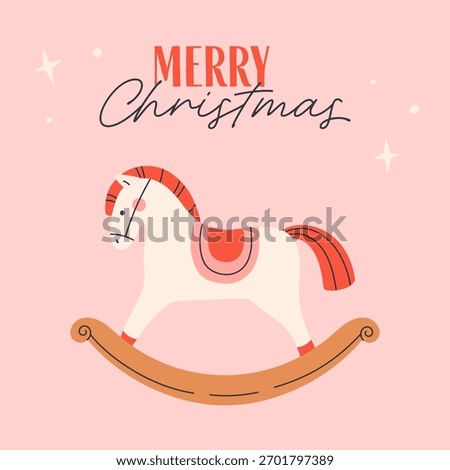 Cute simple greeting card with rocking horse. Merry Christmas. Perfect for card, invitation, poster, banner. Flat vector illustration