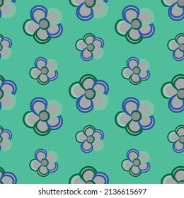 Cute and simple grey daisy art seamless vector repeatable pattern with blue and green outlines on a pale green background
