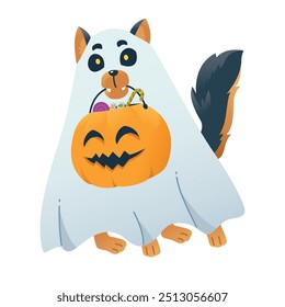 Cute simple halloween dog wearing ghost costume and biting pumpkin lantern illustration