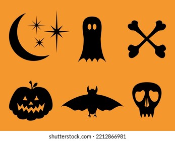 Símbolos simples de ícono de Halloween: Luna y estrellas de silueta negra, fantasma, huesos, linterna Jack-O, murciélago, cráneo