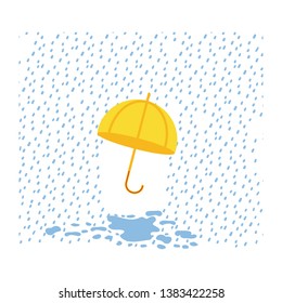 Cute simple hand drawing of rain with umbrella and puddle.