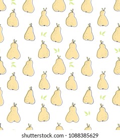 Cute Simple Hand Drawn Abstract Pears Vector Pattern.Yellow Pears and Green Twigs Isolated on a White Background.Pastel Colors Friuts Vector Design.Irregular Intantile Repeatable Pears Vector Design. 