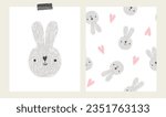 cute simple hand drawn bunny poster for kids nursery room and seamless pattern background for textile and fabric, grey hare with pink hearts doodle print