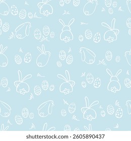 Cute and simple hand drawn Easter seamless pattern, line art bunnies and eggs - great for wrapping, gift bags, cloth, textiles - vector design