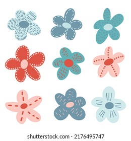 Cute simple hand drawn flower fantasy doodles decorated with lines and dots. Floral clip art in simple childish Scandinavian style. Bright summer abstracrt flowers design elements. Limited palette