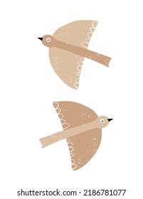 Cute Simple Hand Drawn Flying Birds Vector Illustration. Two Flying Brown Sparrow Birds on a White Background. Cool Abstract Birds Print ideal for Wall Art, Card.