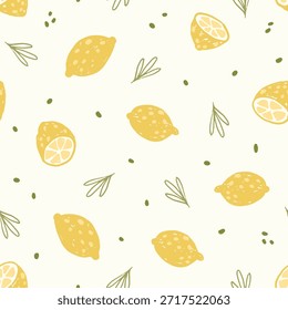 Cute simple hand drawn lemons with plant elements seamless pattern. Citrus fruit summer background. Mediterranean vibes minimalist sketched lemons vector pattern.