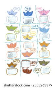 Cute simple hand drawn paper boats 2025 calendar design. Pastel colored calendar template with paper cut origami style boats. Travel, vacation, sea, beach, kids.