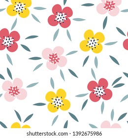 Cute simple hand drawn seamless pattern with flowers and leaves on a white background. Suitable for textile ornament in a vector.