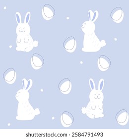 Cute simple hand drawn seamless pattern with easter bunny and eggs. Cartoon elements set with bunny on blue background. Sweet repeat hand drawn fabric textile, print design for kids.