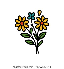 A cute and simple hand drawn vector featuring a small bouquet of yellow daisies and one smaller blue flower, outlined in black with green leaves