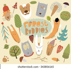 Cute simple hand-drawn animals - forest buddies. Forest inhabitants and plants: beaver, bear, wolf, hedgehog, fox, hare, owl, squirrel, deer, tree, fir, bush, stick, mushroom, acorn