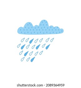 Cute simple hand-drawn cloud and raindrops vector. Baby blue cloud and rain icon.