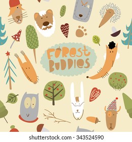 Cute simple hand-drawn seamless pattern with animals - forest buddies. Forest inhabitants and plants: beaver, bear, wolf, hedgehog, fox, hare, owl, squirrel, deer, tree, fir, bush