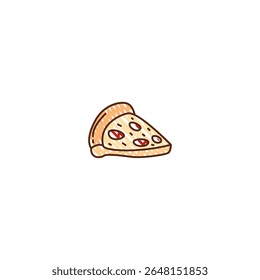 A cute and simple hand-drawn slice of pizza with a golden crust, melted cheese, and pepperoni toppings. This cartoon-style illustration is perfect for food icons, children's content, restaurant menus,