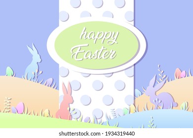 Cute and simple happy easter decors for cards. Bunnies and eggs paper silhouettes in pastel colors.