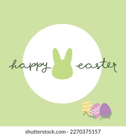 Cute simple Happy Easter logo with festive eggs and bunny silhouette on bright green circle background. Handwritten text isolated on white background