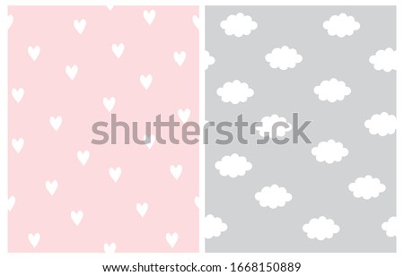 Cute Simple Heart and Cloud Seamless Vector Patterns. White Fluffy Clouds on a Light Gray Background. Rain of White Tiny Hearts Isolated on a Light Pink Layout. Infantile Style Nursery Vector Print. 