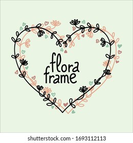 Cute and simple heart-shaped garland with flowers and leaves — in other words, a floral frame in pastel colors done in minimalistic style.