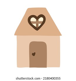 Cute Simple House With Heart Shaped Loft Window And Heart Shaped Doorknob. Symbol Of Home, Family, Cozy Evenings. Stylized Clipart In Pastel Colors. Hand Drawn Vector Doodle Isolated On Background