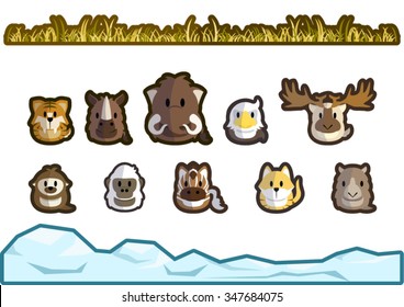 Cute and simple ice age animals illustration. The animals are sabre-toothed tiger, woolly rhinoceros, woolly mammoth, terror bird, Ireland elk, giant ground sloth, quagga, Thylacine, and Diprotodon.