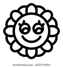 Lindo, simple icono de una flor sonriendo feliz, con ojos grandes y amistosos