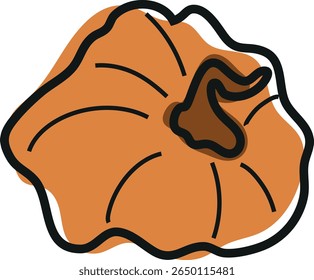 cute simple icon of a round bright orange pumpkin in a cartoon doodle style, for autumn holidays, advertising and seasonal packaging