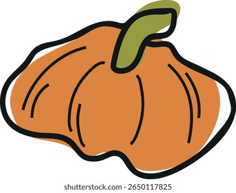 cute simple icon of a round bright orange pumpkin with a green tail in a cartoon doodle style, for autumn holidays, advertising and seasonal packaging