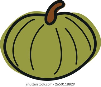 cute simple icon of a round, green pumpkin in a cartoon doodle style, for autumn holidays, advertising and seasonal packaging
