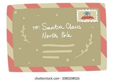 Cute simple illustration of closed envelope with stamp with car and christmas tree with pink, beige, blue and red color