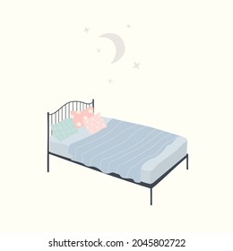 Cute and simple illustration of a comfortable cozy bed with moon and stars above it. Healthy deep sleep and self care concept. Flat hand drawn vector in a calming color palette.
