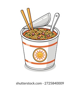 Una ilustración linda y simple de una taza de fideos instantáneos con palillos y una cuchara, perfecta para representar comida rápida, comida reconfortante o tiempo de refrigerio.