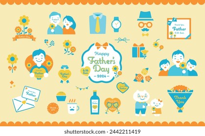 Cute simple illustration of Father's Day with a set of family, roses and gift-giving material_yellow.
