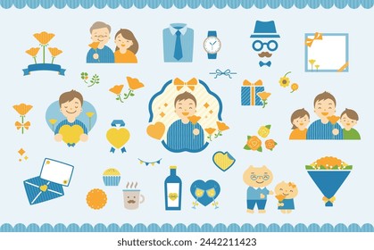 Cute and simple illustration of Father's Day with a set of family, roses and gift-giving material_Dad People Main