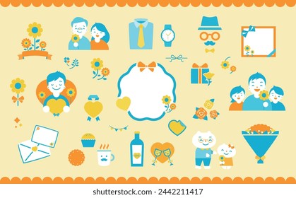 Cute simple illustration and frame for Father's Day with a set of family and rose flowers and gifts gift material_yellow
