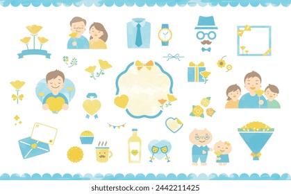 Cute and simple illustration and frame for Father's Day with family and roses flowers and gift material_watercolour hand drawing.