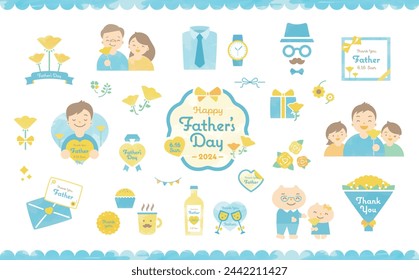 Cute and simple illustration and frame for Father's Day with family and roses flowers and gift material_watercolour hand drawing.	