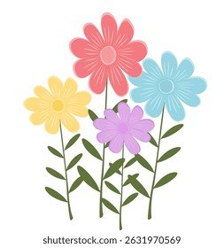 Cute Simple illustration of minimal blue pink yellow purple flowers with green leaves