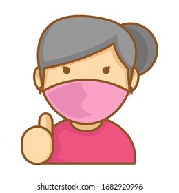 Ilustración simple y corta de la vieja dama que usa máscara facial