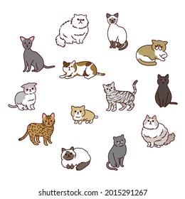 Cute and simple illustration set of 13 kinds of cats