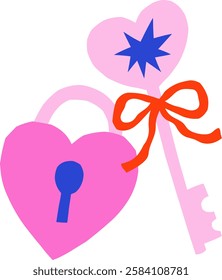 Cute simple isolated lock and key with bow vector illustration. Hand drawn Valentine graphic