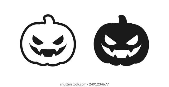 Cute simple jack o lantern outline and silhouette icon set. Halloween evil pumpkin trick or treat sign symbol. Vector Illustration.